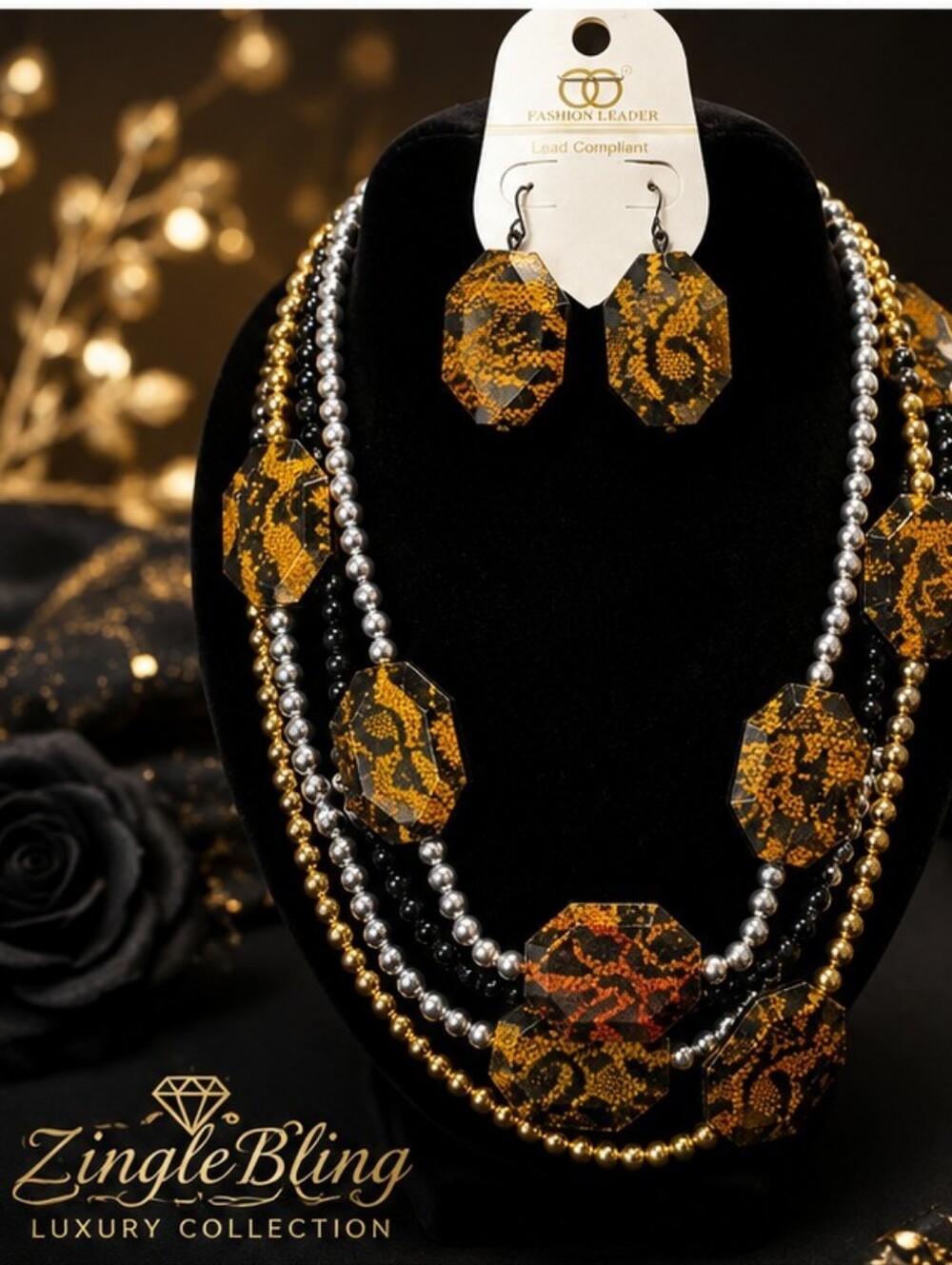 Vintage 90s Leopard Print Acrylic Necklace Earrings Set Long Statement Piece - Picture 1 of 11